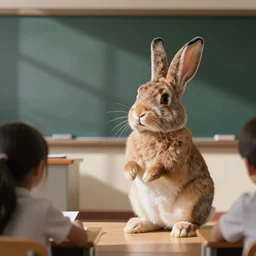 an anthropomorphic rabbit teaching a class