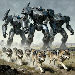 pack of wolves running away from big mechs in style of Zdzislaw Beksinski