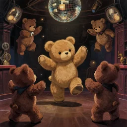 a disco night club, several teddy bear wildly bouncing around and dancing, dark retro lighting, darkly playful color scheme, intricate details, matte painting, illustration, by hayao miyazaki