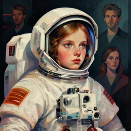 ( ( dither ) ), editorial illustration portrait of a young astronaut girl, colorful modern art deco, mads berg, karolis strautniekas, christopher balaskas, stippled light, moody, fine texture, dramatic lighting, dynamic composition, detailed, matte print, dynamic perspective, muted color, lomography