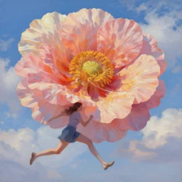 giant flower head, woman running, surreal, clouds in sky, impressionist painting, digital painting, artstation, rob gonsalves