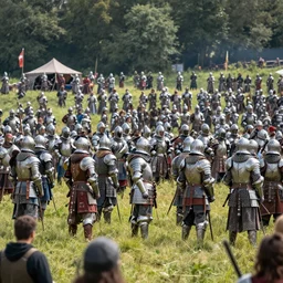 wideshot of a field with a crowd of people in wearing armour