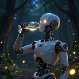 a evil robot with a big head drinking wine at night in a forest with fireflies, backlighting, trending on artstation, night lighting, cgi, bokeh, dreamy