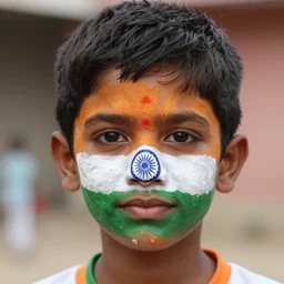 a young indian boy with saffron white and green stripes painted on his face, indian flag, chakra in the center