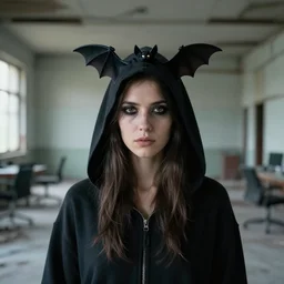a woman wearing a hood made of bats, in an abandoned office building, by helen warner, canon eos c 3 0 0, ƒ 1. 8, 3 5 mm, 8 k, medium - format print