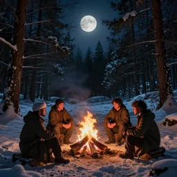 friends sitting around a winter forest campfire at night, ismail inceoglu, james gilleard, artstation, moonlight
