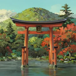 Japanese Torii in a colorful moutain with beautiful trees ,morning , by studio ghibli painting, superior quality, masterpiece,  traditional Japanese colors, by Grzegorz Rutkowski, concept art