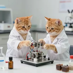 1 9 8 0's color photo, cute orange cats doing mechanical experiments in lab coats