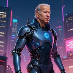 joe biden as an android in a cyberpunk city at night, concept art, video game art, digital painting, vibrant