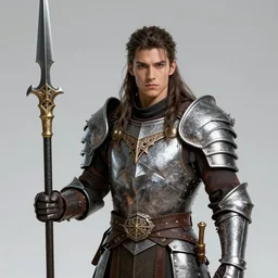 A realistic anime portrait of a young handsome male barbarian with long wild hair, intricate fantasy spear, plated armor, D&D, dungeons and dragons, tabletop role playing game, rpg, jrpg, digital painting, by Yoshitaka Amano and Ayami Kojima and Akihiko Yoshida and Yusuke Murata and Kentaro Miura, concept art, highly detailed, promotional art, HD, digtial painting, trending on ArtStation, golden ratio, rule of thirds, SFW version