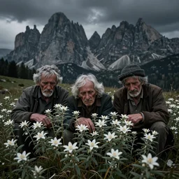 old alpine famers head being overgrown by edelweiss, dolomites in background, dark, eerie, despair, portrait photography, artstation, digital art, adward winning, concept art, artstation, highly detailed, sharp focus, by caravaggio