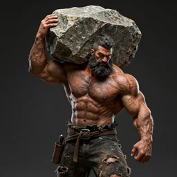 a muscular man wearing torn clothes carrying a giant stone on his back, big beard, bold, hyperrealistic, concept art, octane render, unreal engine 5, trending on artstation, high quality, 8 k, anatomically correct, five fingers, digital art, symmetrical, low contrast, epic scene, cinematic, dramatic lighting