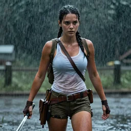 lara croft in the rain, soaking wet, photo