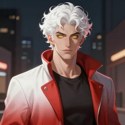 portrait of a beautiful young fit male vampire with curly white hairs and yellow eyes, dressed with urban clothes, by greg rutkowski and alphonse mucha, d & d character, gradient white to red, modern nocturnal background, highly detailed portrait, digital painting, artstation, concept art, smooth, sharp focus ilustration, artstation hq