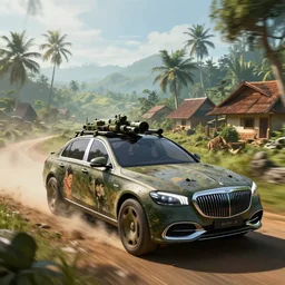 a militarised car designed by maybach driving through kerala village, artgerm and wolp, an epic fantasy, volumetric light, detailed, an epic fantasy, trending on art station, octane render, shadow of the tomb rider