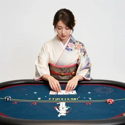 woman in a japanese kimono sitting at an extremely detailed poker table with the startrooper, fireworks and stars on the background, by andy warhol, by roy liechtestein, canvas, acrylic paint, wood - carving, cool color palette, 4 k, ultra - hd
