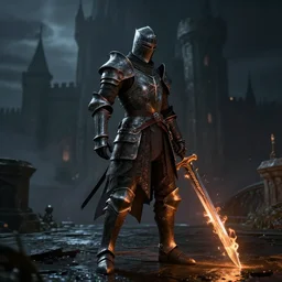 anatomically correct dark souls knight with long sword on fire, dark night, castle on the background, wet surface, unreal engine 5, lumen technology, incredible detalization, film still, by alberto mielgo