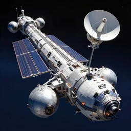 a nasa!! spaceship deep space exploration!!! mission, grandiose! near future, long structure, solar panels in the middle! in the front, two! spheres for oxygen, control command module at the very front, where the long structure starts, metallic structure, reactors at the end, radio - telescopic dish pointed at the back of the ship, futuristic!, trending on artstation, space age style