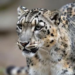 A close up of a snow leopard looking to the left.