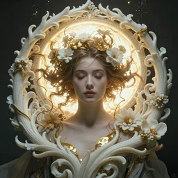 elegant portrait of a beautiful woman with tangled flowers in her hair, radiant halo of light, gilding, intricate carved ivory, artgerm, peter mohrbacher, underwater aura