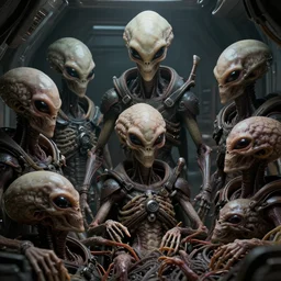 dead bodies of aliens brainsuckers warriors inside their spaceship, masterpiece. rendered in blender, ultra realistic, smooth shading, ultra detailed, high resolution, cinematic, unreal 6, perfect face, cyberpunk, fine details, studio lighting, subtle shadows, art by katsuya terada, photorealism, hyper realism, octane render, hyper detailed, canon eos r 3, f / 1. 4, iso 2 0 0, 1 / 1 6 0 s, medium shot, 8 k, raw, unedited, in - frame,