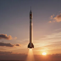 sunset sky with flying strategic rockets, god rays, volumetric light, unreal engine 5 render, panoramic