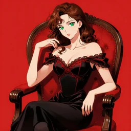 sexy woman with brown hair and green eyes, wearing an elegant dress, sitting on a chair, red and black color palette, in the style of and ilya kuvshinov and greg rutkowski, high quality anime artstyle, intricate