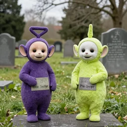 Teletubbies on an old cemetery