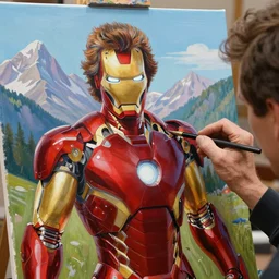 a closeup photorealistic photograph of bob ross working on a canvas painting of an iron man themed bob ross. lit studio, mountain scape. film still, vibrant colors. this 4 k hd image is trending on artstation, featured on behance, well - rendered, extra crisp, features intricate detail, epic composition and the style of unreal engine.