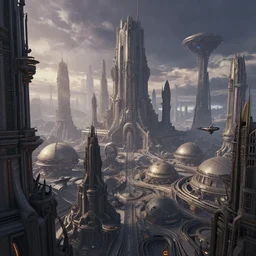 alien supercity, dense hypermaximalist metropolis, intricate, gothic-futurist architecture, Star Wars architecture, bizarre and imposing unusual megastructures, vanishing point perspective, domes, drone speedways, twilight, style of Alena Aenami