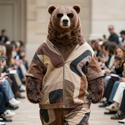 Confident oversized grizzly bear dressed in an abstract high fashion outfit wearing sunglasses on the fashion runway at Paris Fashion Week