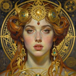hyper realistic painting portrait of zoe jakes, occult diagram, elaborate details, detailed face, intrincate ornaments, gold decoration, occult art, oil painting, art noveau, in the style of roberto ferri, gustav moreau, david kassan, bussiere, saturno butto, boris vallejo