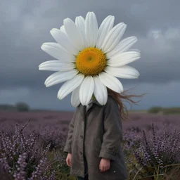 portrait, gigantic daisy flower as the head, a girl wearing coat in heather field, surreal photography, wind and cold, dramatic sky, impressionist painting, digital painting, artstation, simon stalenhag