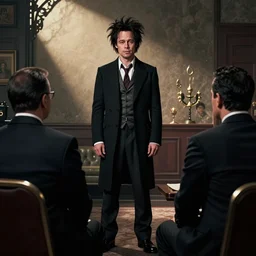 Matte painting of Brad Pitt dressed as Sweeney Todd in a job interview with Tommy Wiseau by Carl Gustav Carus