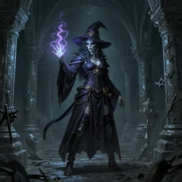 undead wizard girl character, standing in crypts casting a spell, 3 point perspective, photorealistic, volumetric lighting, intricate detail, digital art, Artgerm