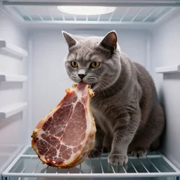 A guilty British Blue shorthair cat eating a large ham in a fridge