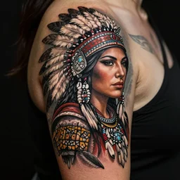tattoo concept of a Native American warrior woman, beautiful, highly detailed
