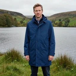 Peter Salis as Norman Clegg wearing a blue mackintosh coat standing near a yorkshire lake