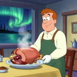 scene depicting seymour skinner serving up steamed hams while the aurora borealis reflects in the other room, cartoon, realistic studio lighting, hand sketched colour,