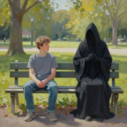 man sitting on park bench next to the grim reaper peaceful acrylic painting by Jeremy Saulnier sunny afternoon