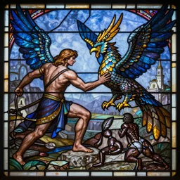 quetzalcoatl in an epic battle with garuda, fantasy, stained glass, d & d, intricate, elegant, highly detailed, digital painting, artstation, concept art, matte, sharp focus, illustration, art by john collier and albert aublet and krenz cushart and artem demura and alphonse mucha