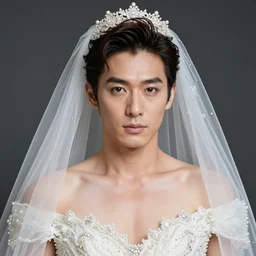 a flamboyant japanese man that has had lots of plastic surgery, wears lots of makeup and has smooth skin wearing a wedding dress