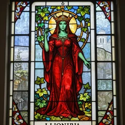 a stunningly detailed tarot card stained glass window of a beautiful poison ivy with green skin wearing a long floor length red dress as a medieval druid queen, dark eyeliner, intricate, elegant, highly detailed, digital painting, artstation, concept art, sharp focus, illustration, art by greg rutkowski and alphonse mucha