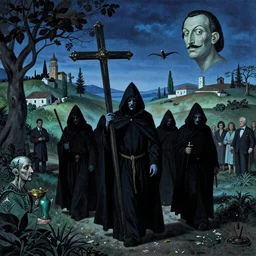 A Holy Week procession of grim reapers in a lush Spanish landscape at night. A hooded figure at the front holds a cross. El Greco, Remedios Varo, Salvador Dali, Carl Gustav Carus, John Atkinson Grimshaw. Blue tint.