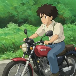 a film still of a person riding a motorcycle on a road near a forest, delicate features finely detailed perfect art, green field, gapmoe yandere grimdark, trending on pixiv fanbox, painted by greg rutkowski makoto shinkai takashi takeuchi studio ghibli