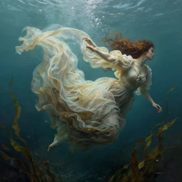 hyper realist matte digital painting of underwater photography, jugendstill, flowing fabric, bubbles rising, seaweed, fairytale, fantasy art, photo realistic, dynamic lighting, artstation, volumetric lighting, by mucha, by charlie bowater, by karol bak, by alma tadema