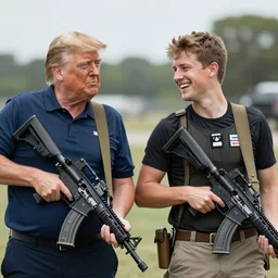 Donald Trump and Kyle Rittenhouse holding AR-15s and laughing, award winning cinematic photography, 50 mm, blurred background, trending on twitter