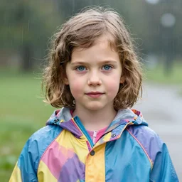 a head and shoulders portrait photograph of a seven year old girl with short wavy curly light brown hair and blue eyes wearing a colorful raincoat in the rain. high quality professional photo, natural lighting