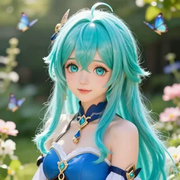 portrait of beautiful girl with long turquoise hair, big cute eyes, and a blue dress, in a garden full of flowers and Butterflies, intricate jewelry, genshin impact, realistic anime, backlit, volumetric lighting, strong rim light, subsurface scattering, sharp focus, excellent composition, octane render, trending on artstation, 8k