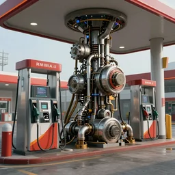 a gas station in the future world, science fiction, machinery, cyberpunk, realistic,, trending on artstation, highly detailed, photorealistic